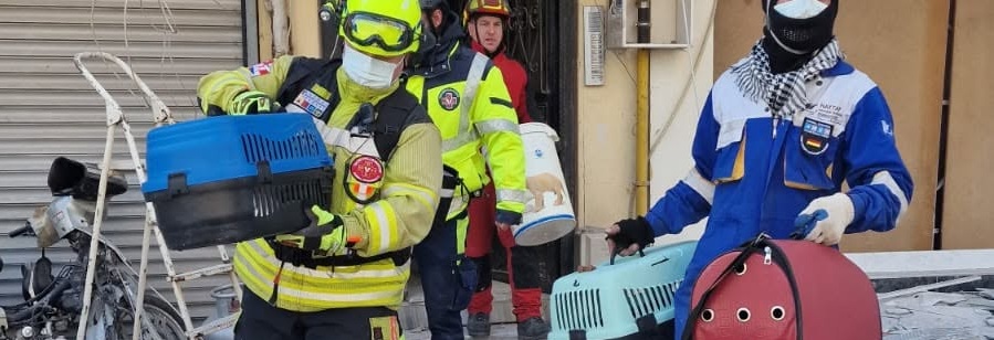 Einsatzkräfte tragen gerettete Tiere in Transportboxen aus einem Einsatzgebiet